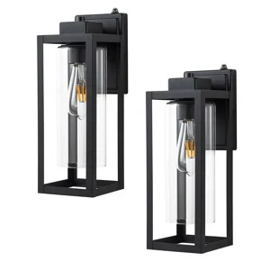 1-light Matte Black Dusk To Dawn Outdoor Wall Lantern Sconce With Cylinder Clear Glass Shade (Set of 2)
