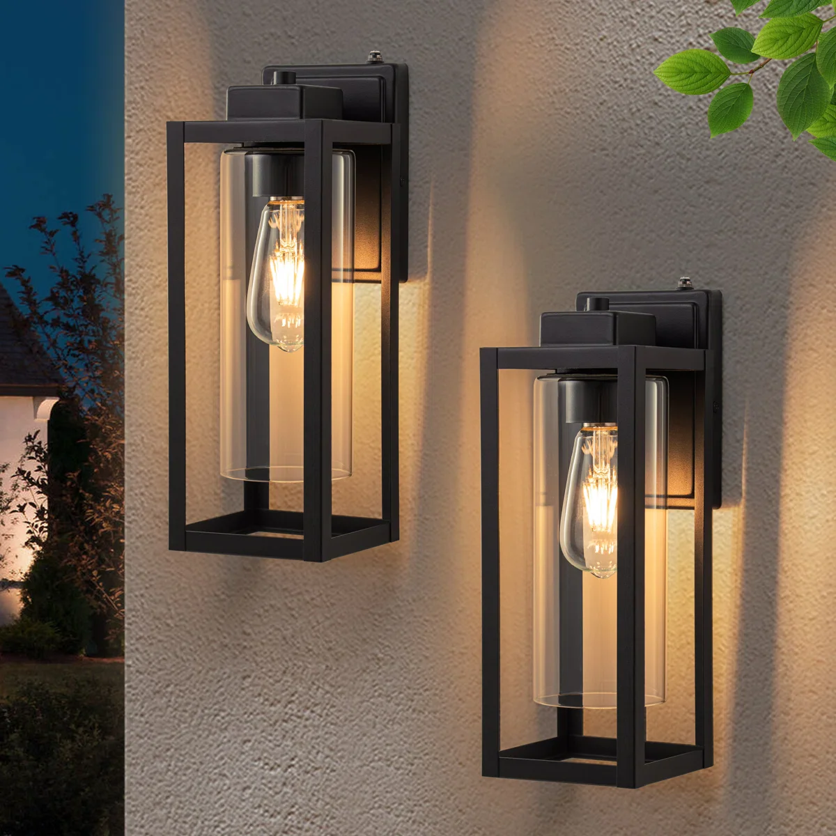 1-light Matte Black Dusk To Dawn Outdoor Wall Lantern Sconce With Cylinder Clear Glass Shade (Set of 2) - Image 4