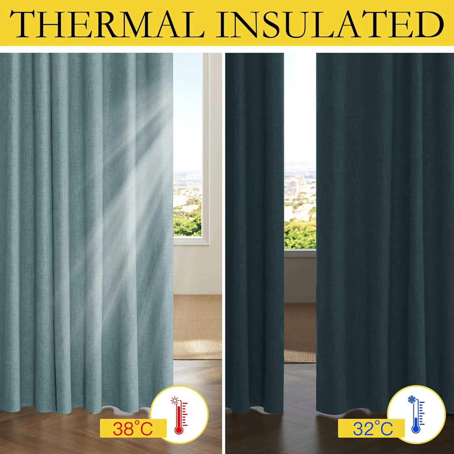 100% Absolutely Blackout Linen Curtains with Thermal Insulated White Liner, Skylark Blue, 2 Panels - Image 3