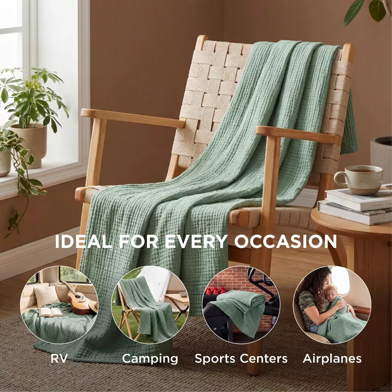 100% Cotton Muslin Throw Blanket Twin XL, Sage Green - Image 3