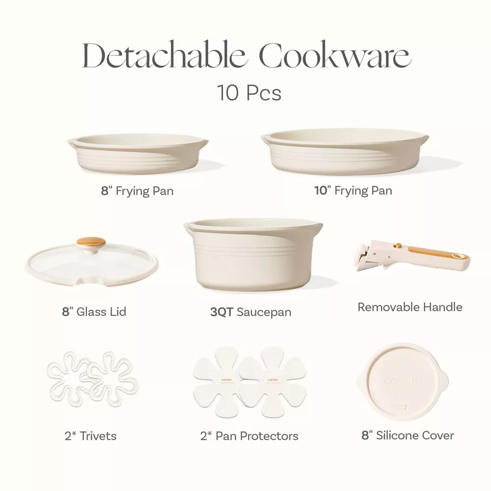 10pc Nonstick Cookware Set with Detachable Handle White - Image 4