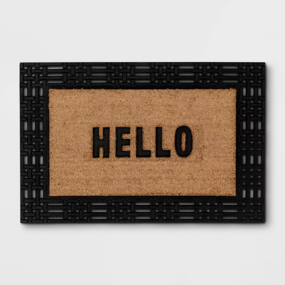 'Hello' Rubber Coir Doormat Natural/Black 1'11"x2'11"