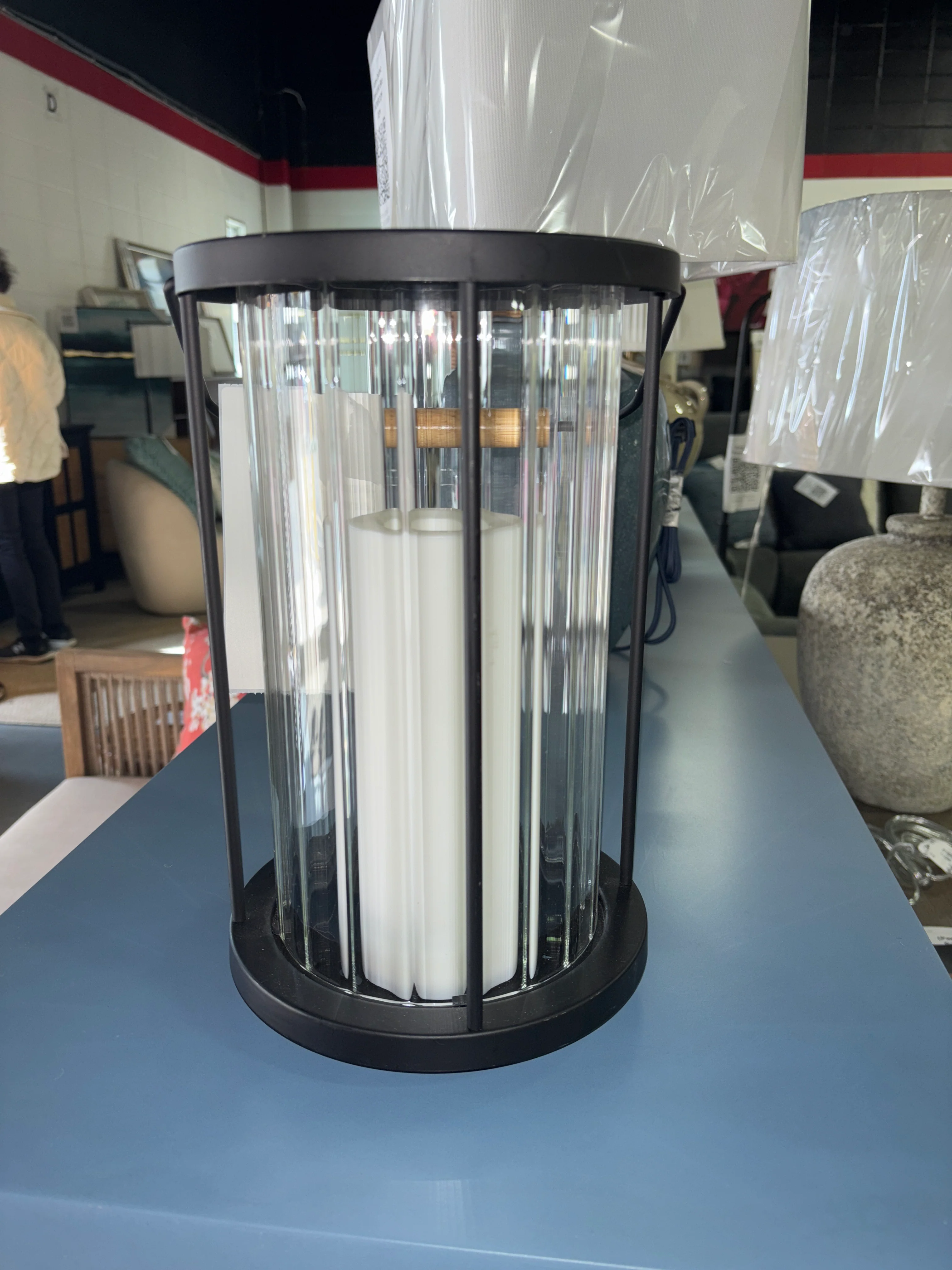 12.5"x8.2" Metal and Glass Outdoor Pillar Candle Holder Lantern Black SHOWROOM ITEM - Image 2