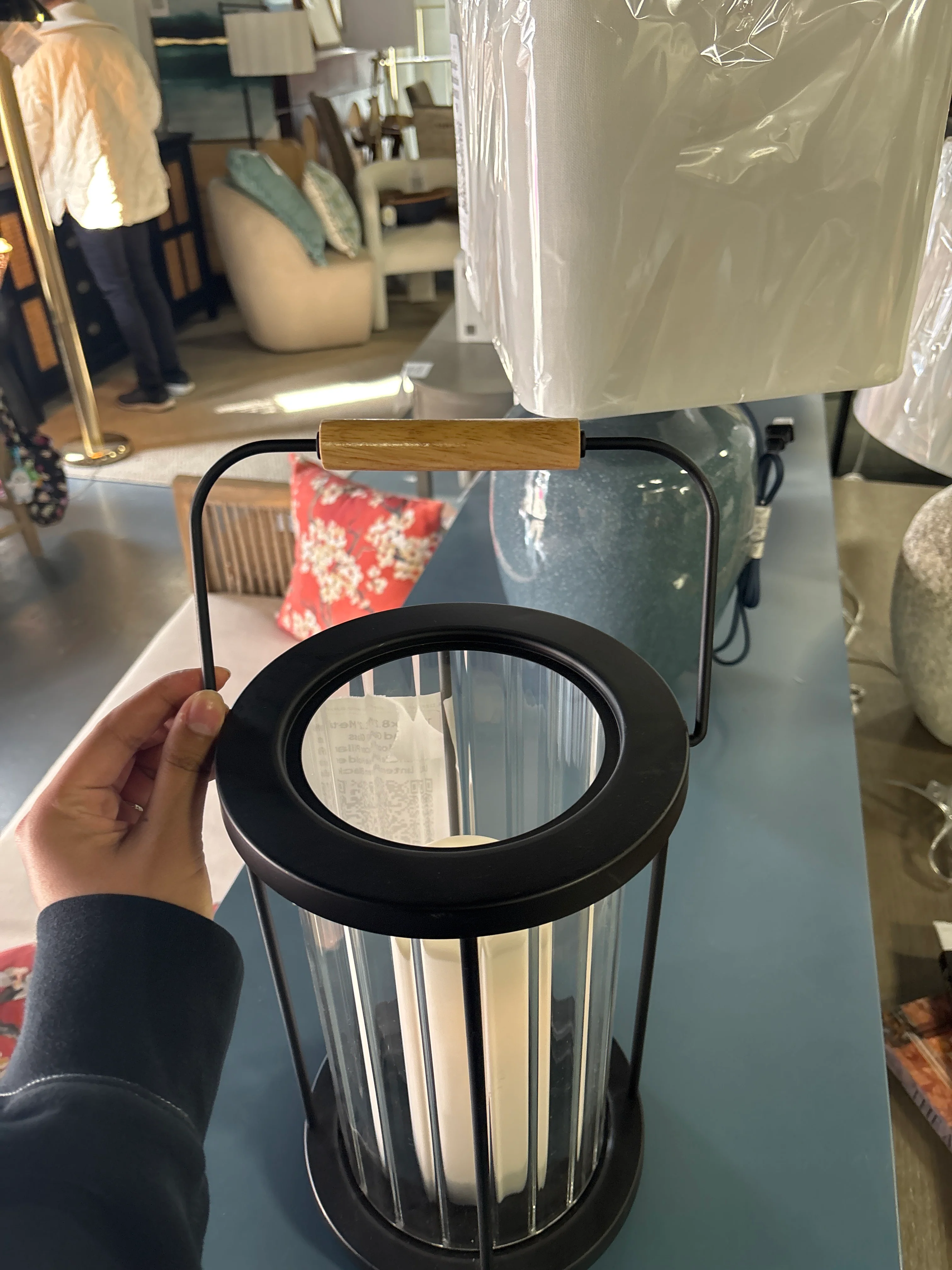 12.5"x8.2" Metal and Glass Outdoor Pillar Candle Holder Lantern Black SHOWROOM ITEM - Image 4