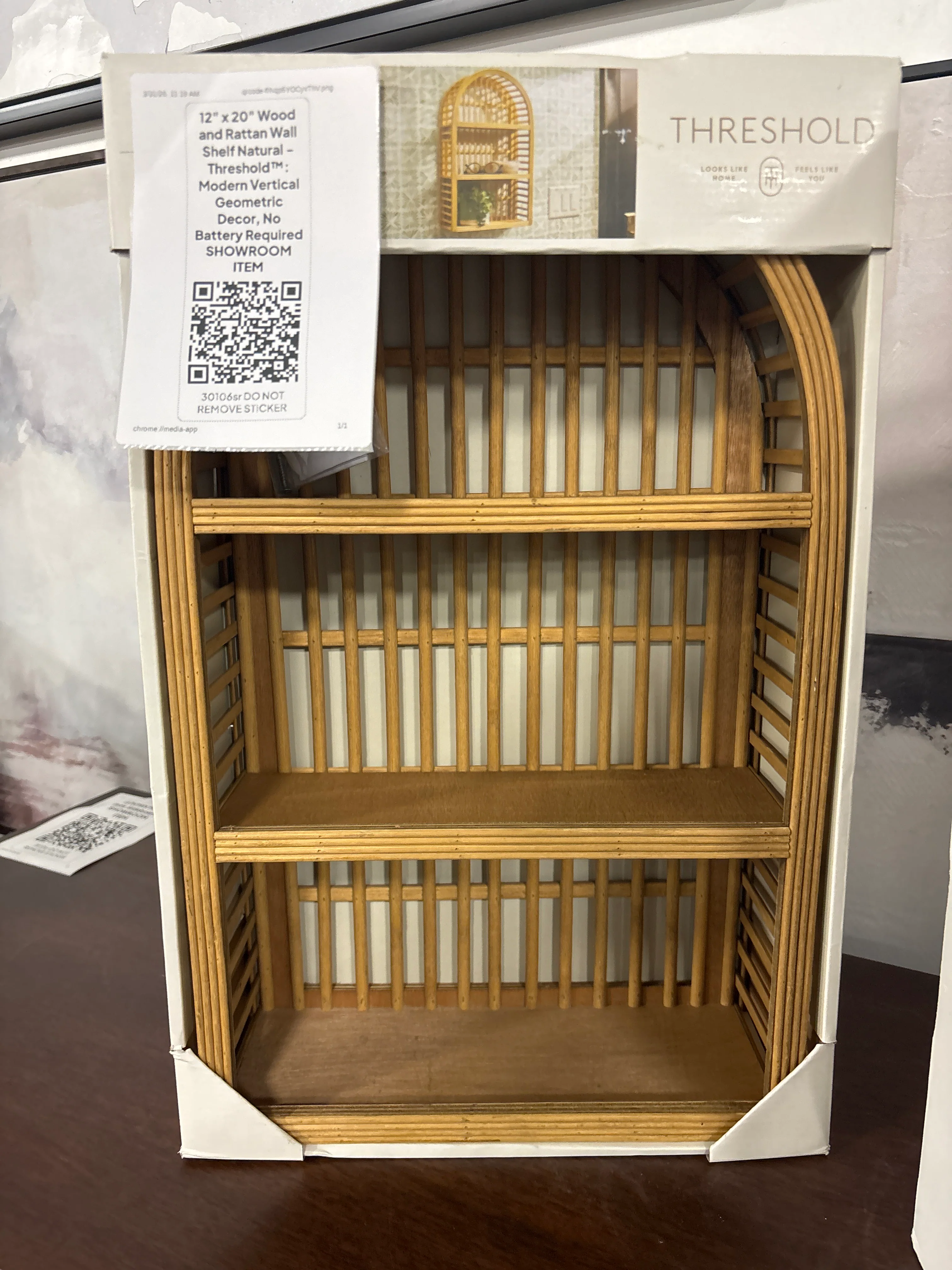 12" x 20" Wood and Rattan Wall Shelf Natural - Threshold™: Modern Vertical Geometric Decor, No Battery Required SHOWROOM ITEM - Image 3