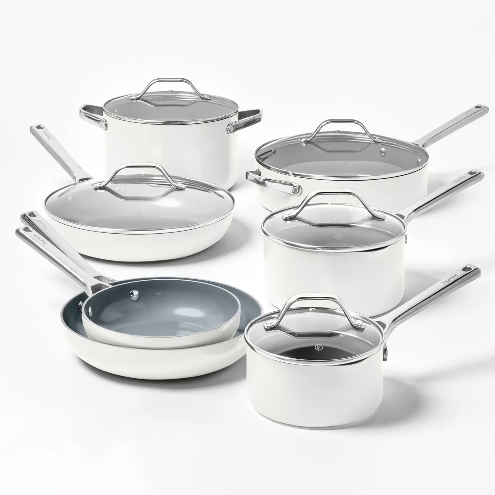 12pc Nonstick Ceramic Coated Aluminum Cookware Set Cream