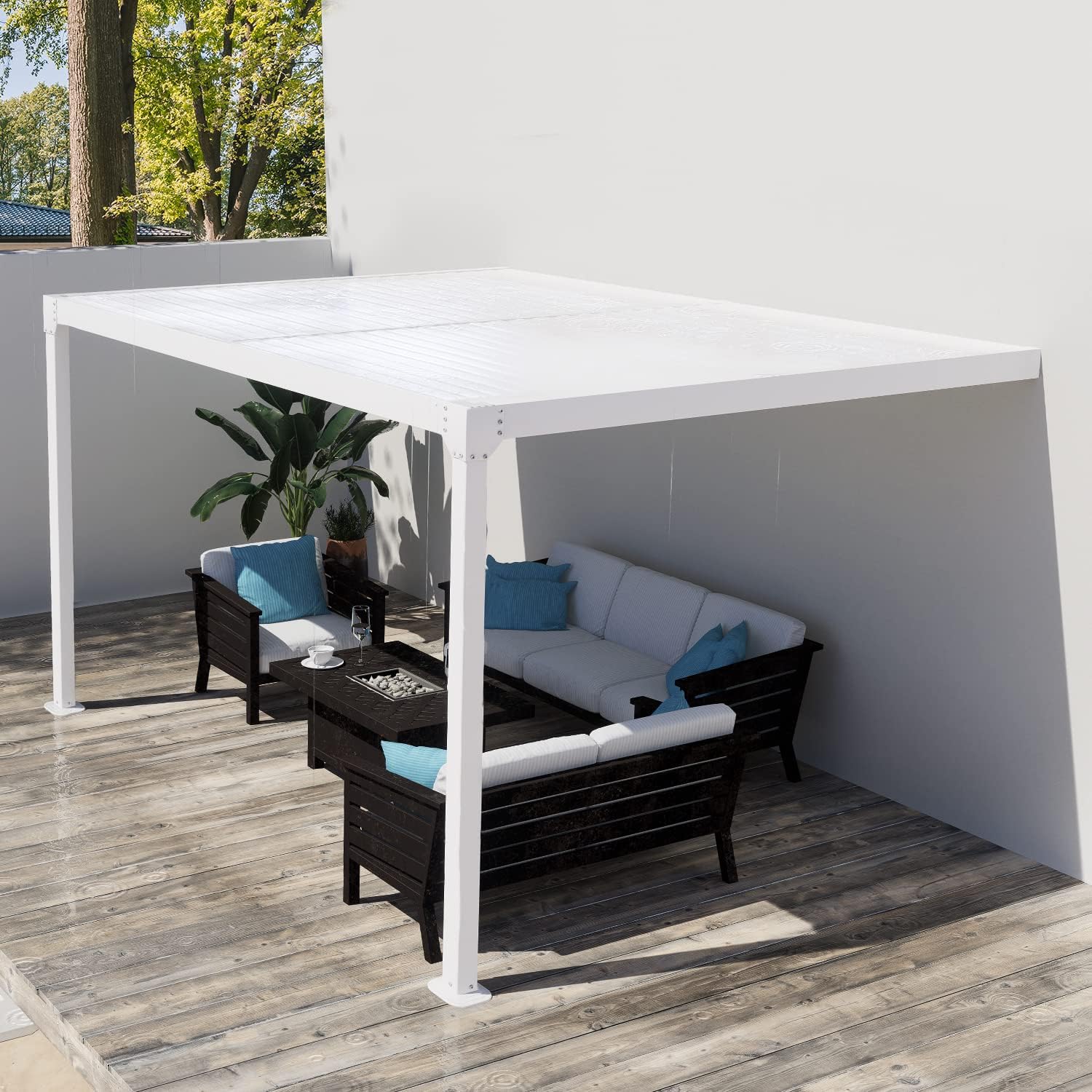 13 x 10 ft. Outdoor Aluminum Wall Mounted Louvered Pergola Waterproof Gazebo Sun Shade Shelter - White - Image 2