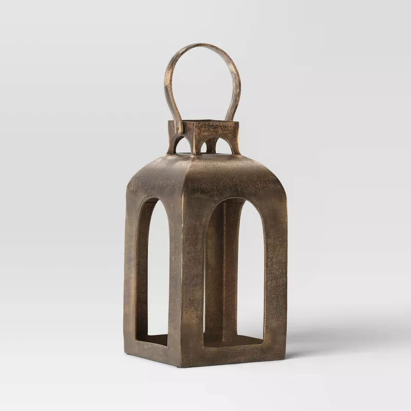 13"x7.5" Pillar Cast Aluminum Lantern Candle Holder Gold SHOWROOM ITEM