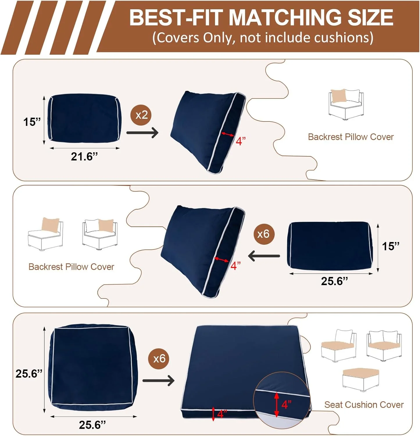 14 Piece Outdoor Patio Cushion Covers Replacement Navy Blue+White Piping(Only Cover) - Image 5