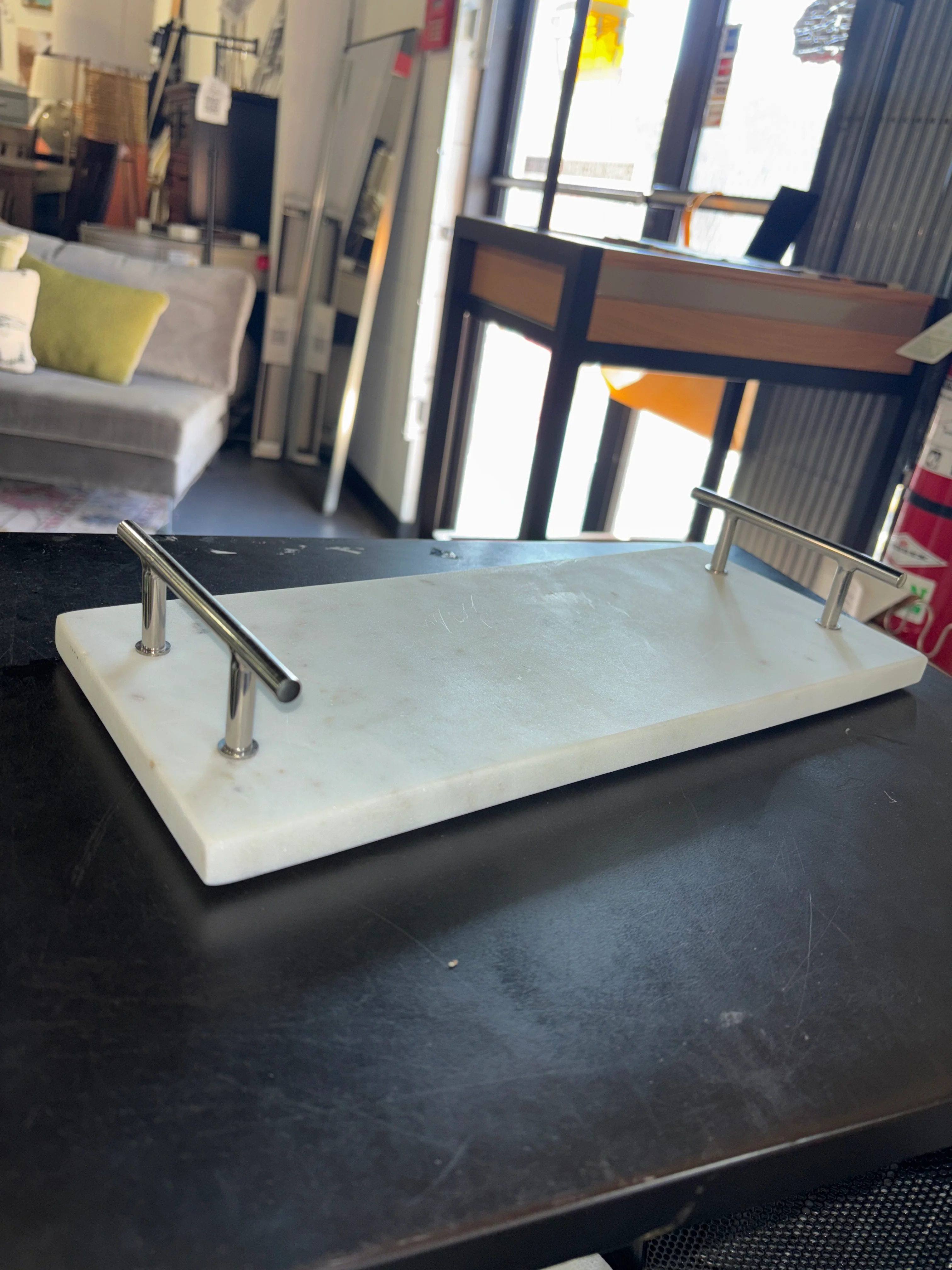 14" x 6" Marble Serving Tray with Metal Handles White SHOWROOM ITEM - Image 2