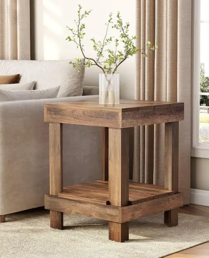 15.7" 2-Tier Wooden End Table with Open Storage Shelves - Farmhouse Square Side Table for Living Room or Bedroom SHOWROOM ITEM