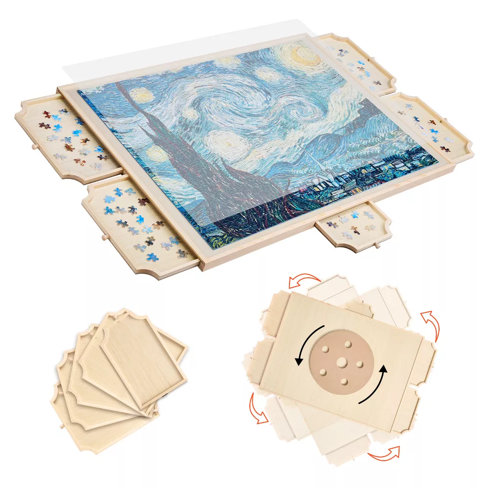 1500 Piece Rotating Puzzle Board with 5 Drawers and Cover Beige,