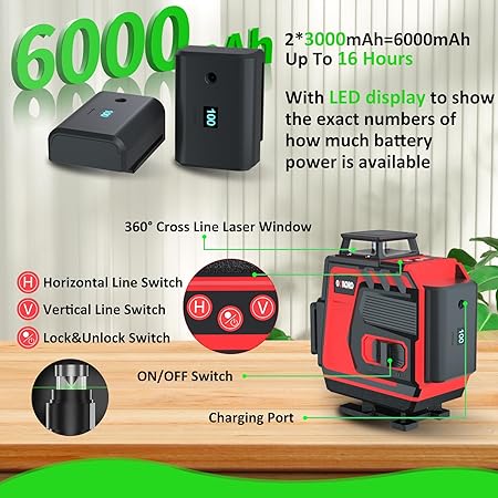 *16 Lines 120ft Laser Level, 4x360° Self Leveling, 4D Green Cross Line Phone and Remote Control for Construction and Picture Hanging, 2 Rechargeable Battery, Remote Controller, Stand Included - Image 3