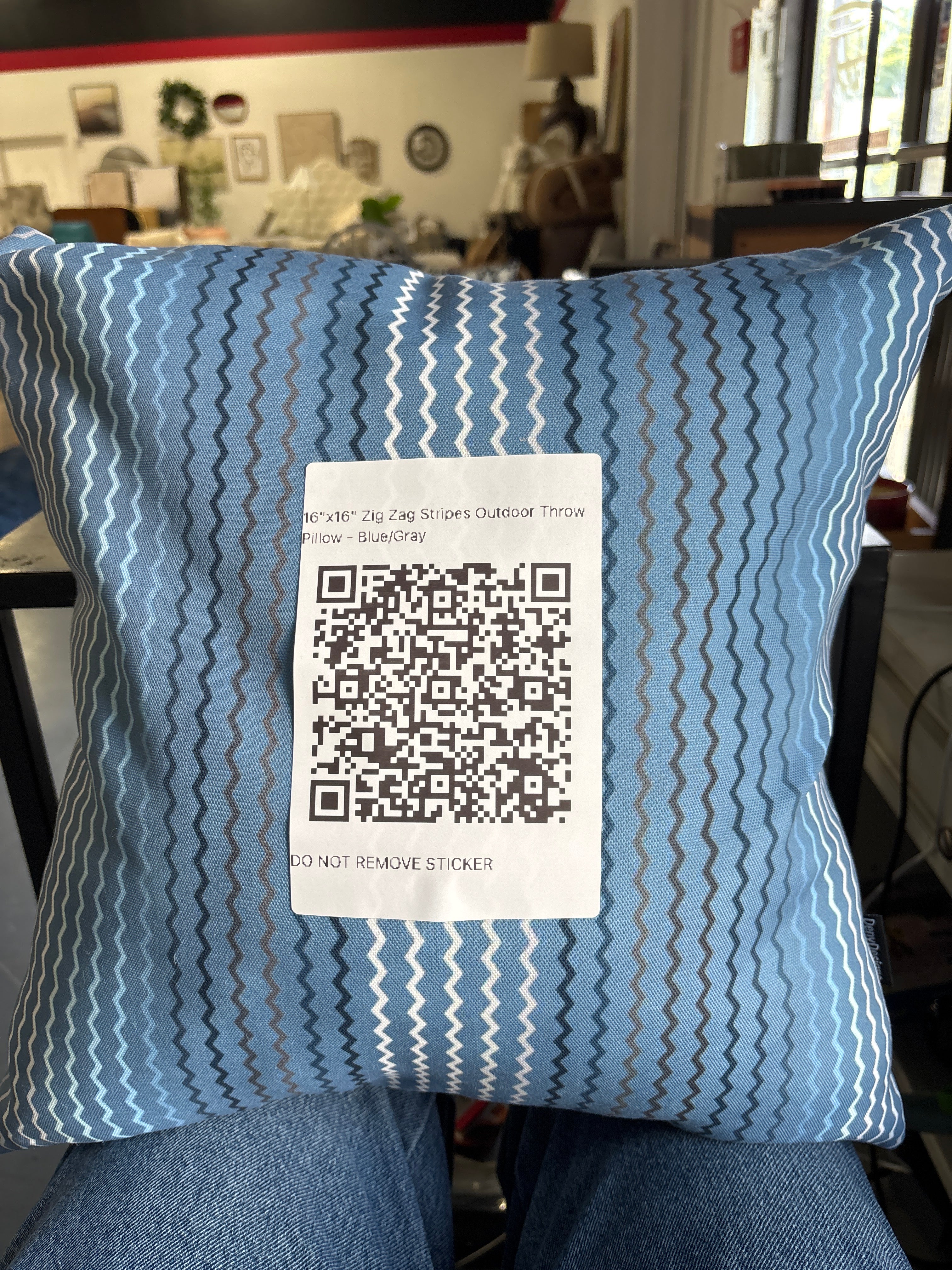 16"x16" Zig Zag Stripes Outdoor Throw Pillow - Blue/Gray SHOWROOM ITEM - Image 3