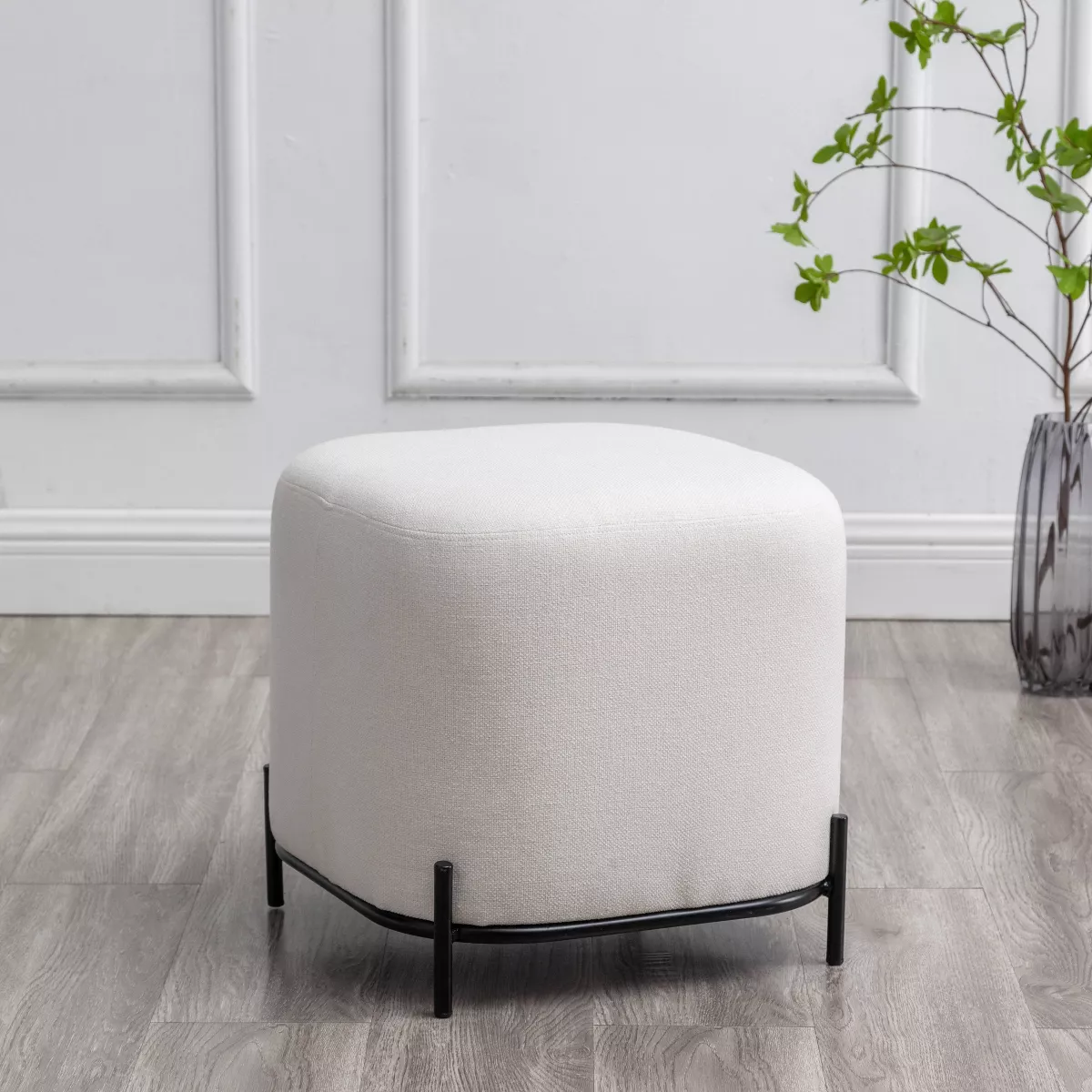 17" Modern Square Ottoman with Metal Base - Cream SHOWROOM ITEM