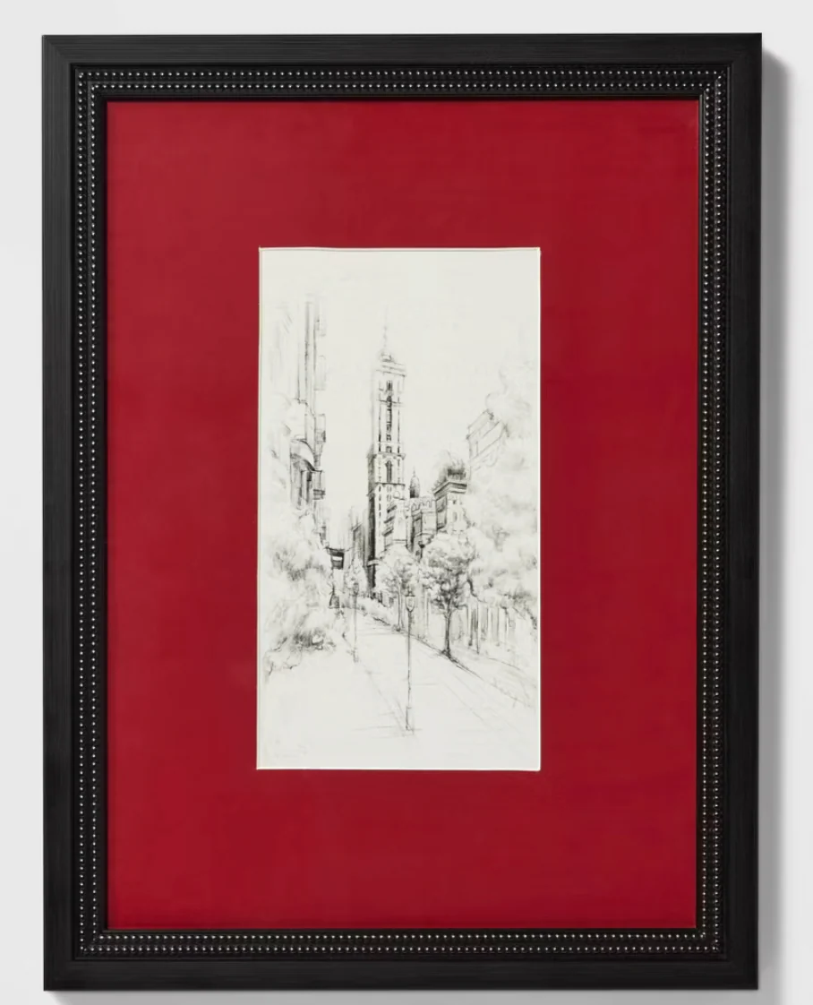 18" x 24" Vintage City Sketch Framed Wall Art - Threshold™ designed with Studio McGee: Modern Cityscape Lithograph, Brown Frame SHOWROOM ITEM