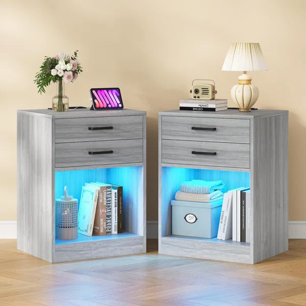 1pc 2-Drawer Bedside Table with Power Outlets and LED SHOWROOM ITEM