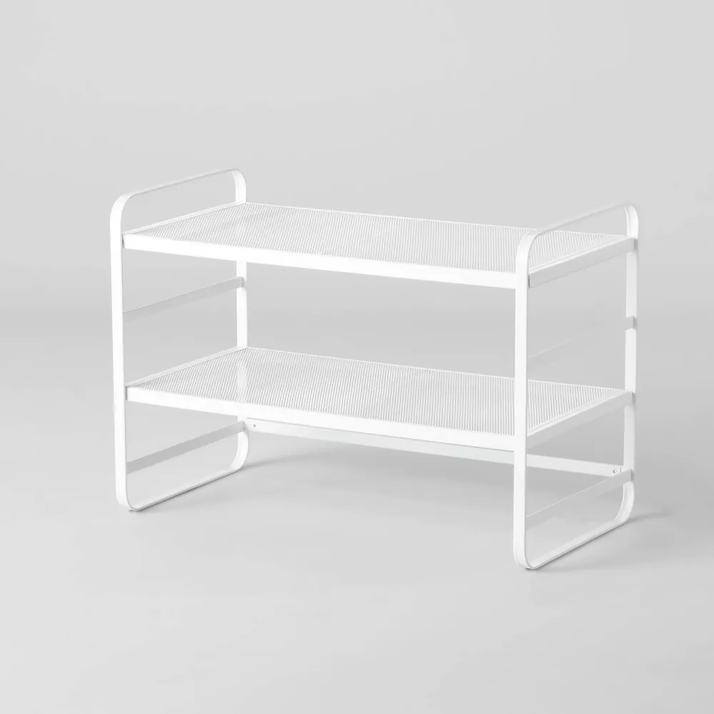2 Tier Shoe Rack White Metal Mesh - Adjustable Shelf, Freestanding Shoe Organizer for Closet & Entryway