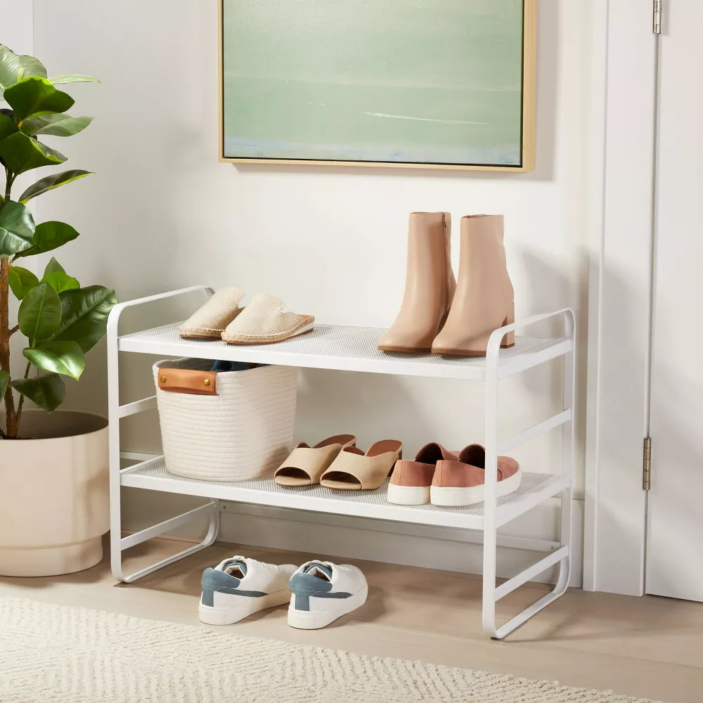 2 Tier Shoe Rack White Metal Mesh - Adjustable Shelf, Freestanding Shoe Organizer for Closet & Entryway - Image 3