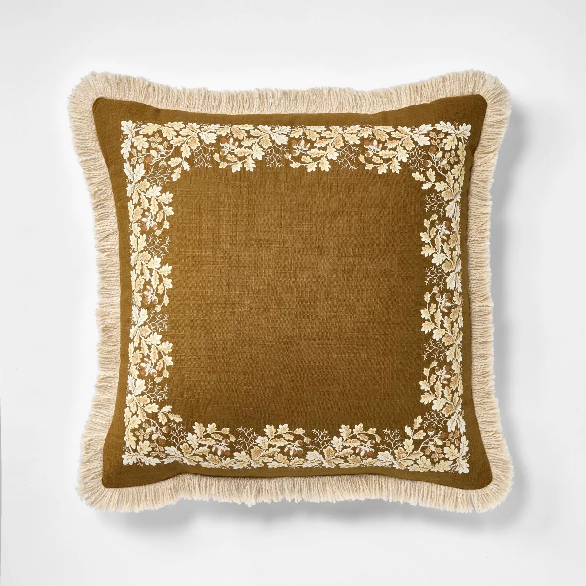 20" x 20" oak printed throw pillow with fringed olive-SHOWROOM ITEM