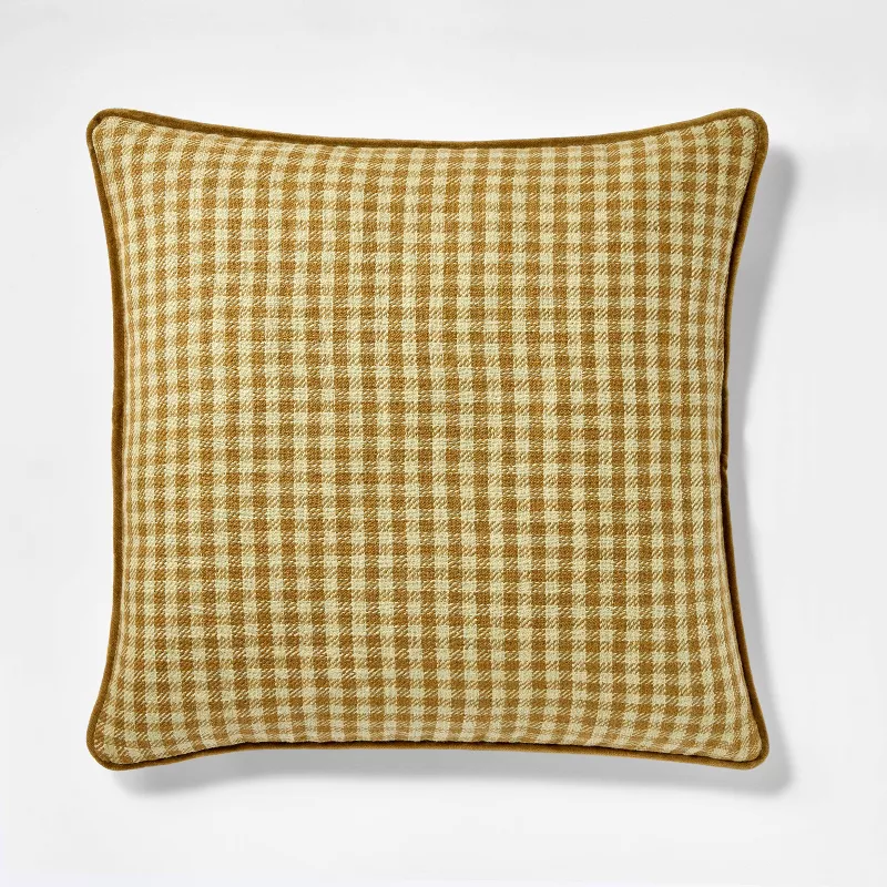 20"x20" Gingham and Velvet Reverse Throw Pillow Olive SHOWROOM ITEM