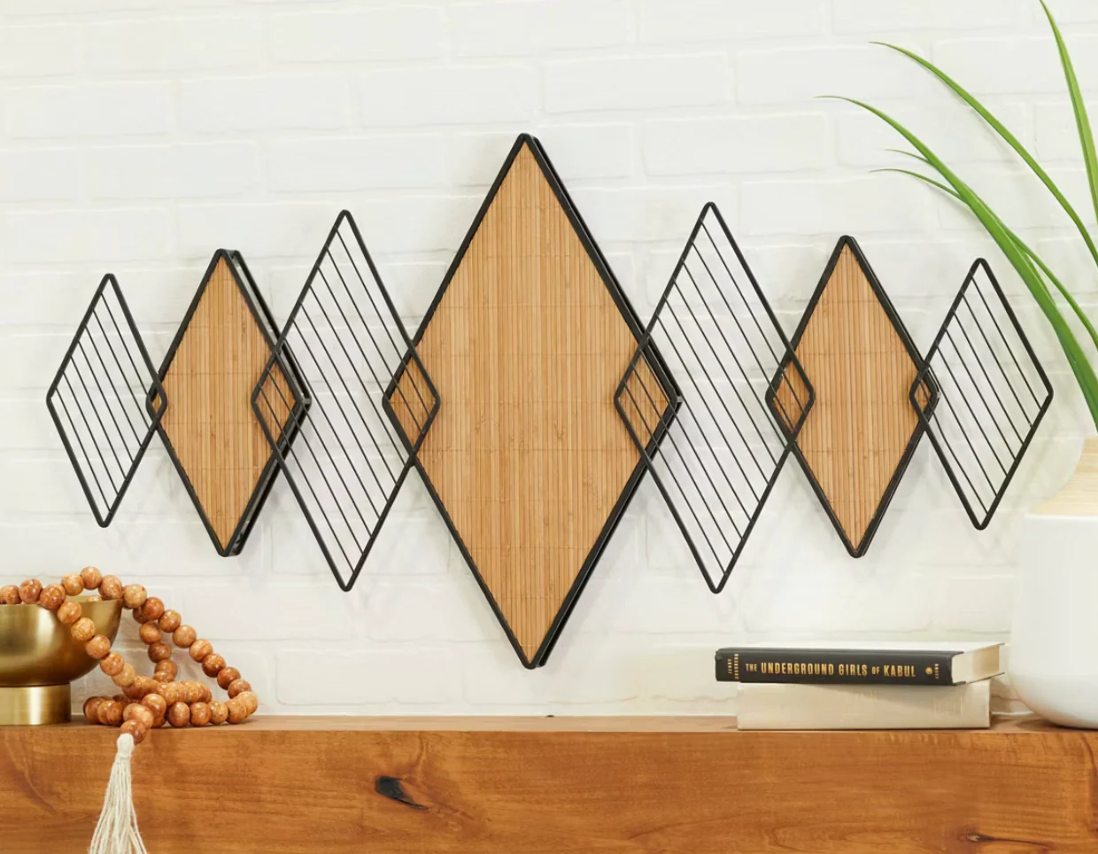 22" x 42" Bamboo Geometric Overlapping Diamond Wall Decor with Metal Wire Brown - Olivia & May: Indoor Modern Artwork, Carved Texture SHOWROOM ITEM