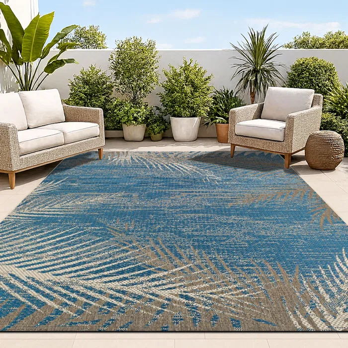 Waddington Floral Palms Ocean Blue Indoor Outdoor Area Rug 2'x7' - Image 2