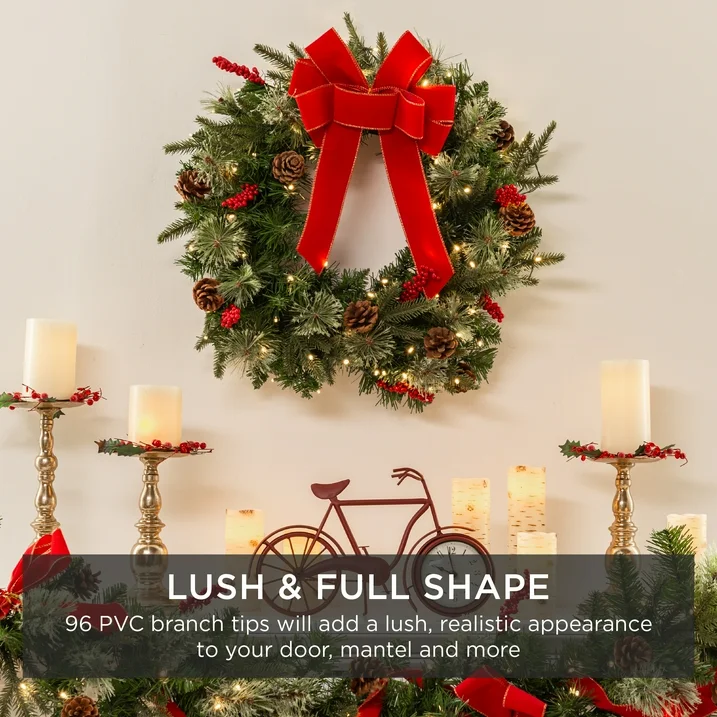 Pre-Lit Battery Powered Christmas Wreath Decoration w/ Ribbons - Image 3