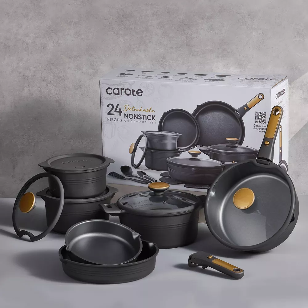 24pc Nonstick Cookware Set with Detachable Handle Black - Image 5