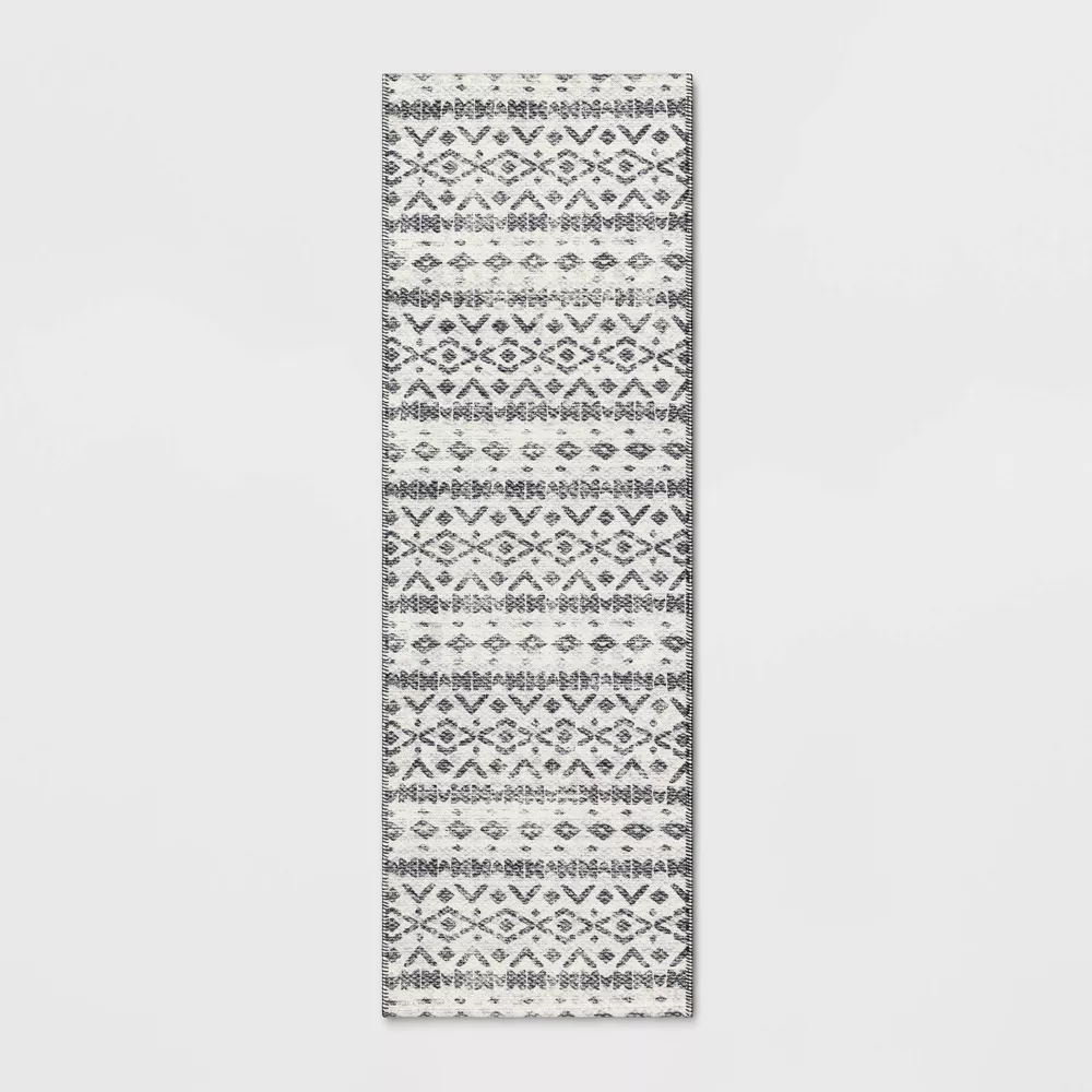 Washable Luna Aztec Diamond Printed Runner Rug Black 2'4"x7'