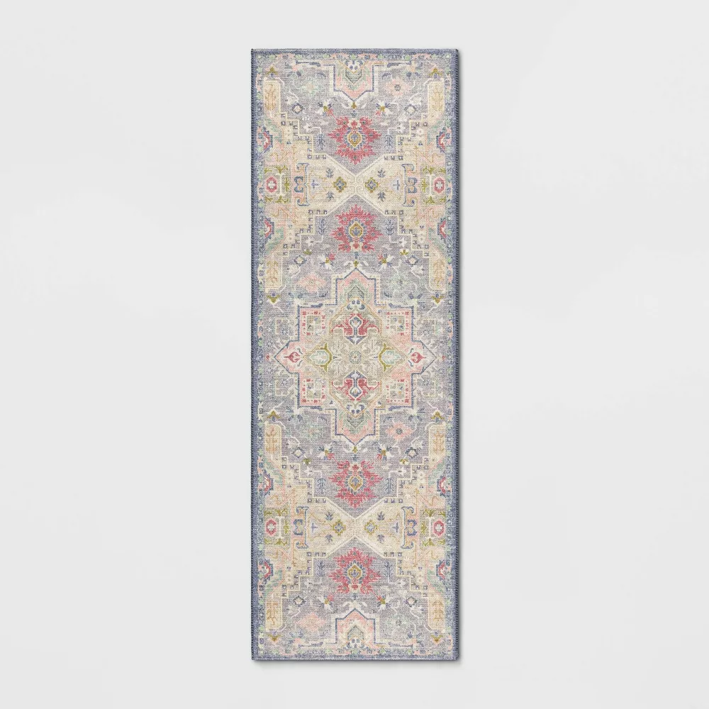Zebrina Medallion Persian Style Printed Runner Rug Light Yellow/Blue 2'4"x7'
