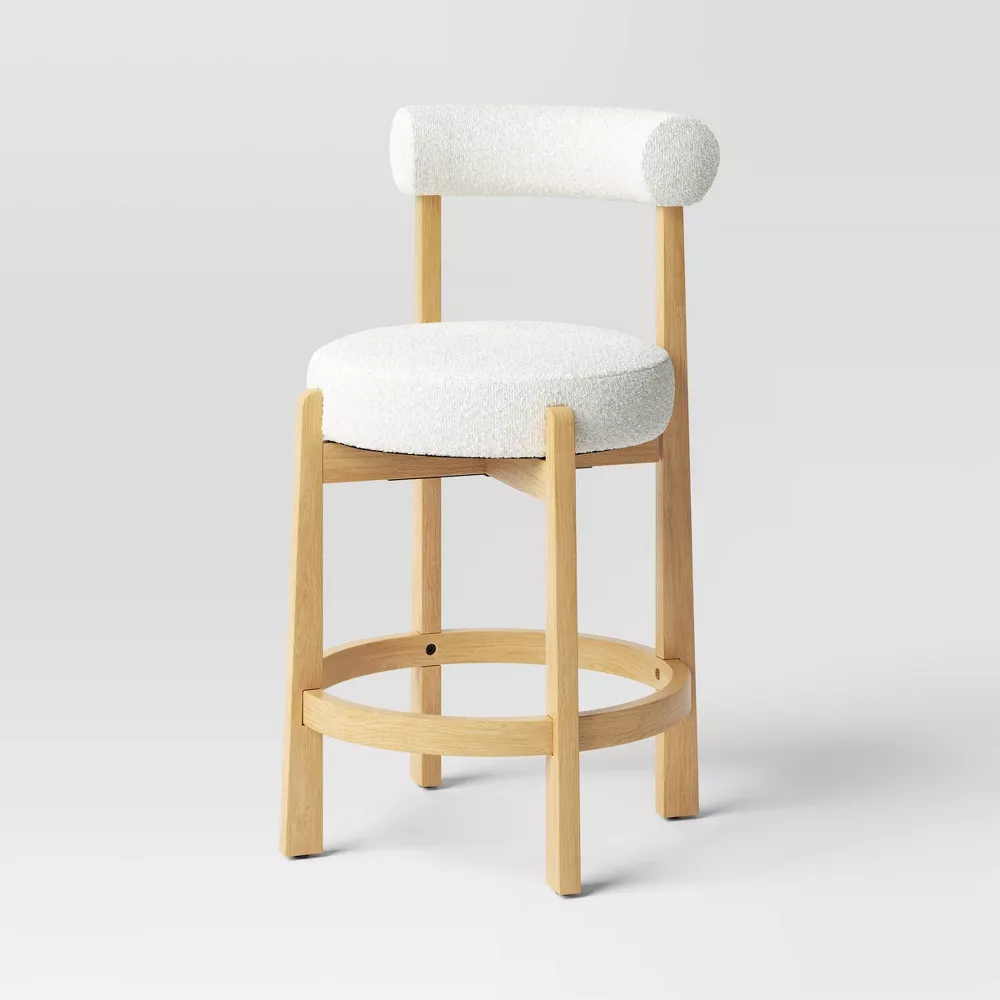 Sculptural Upholstered and Wood Boucle Counter Height Barstool with Footrest Cream