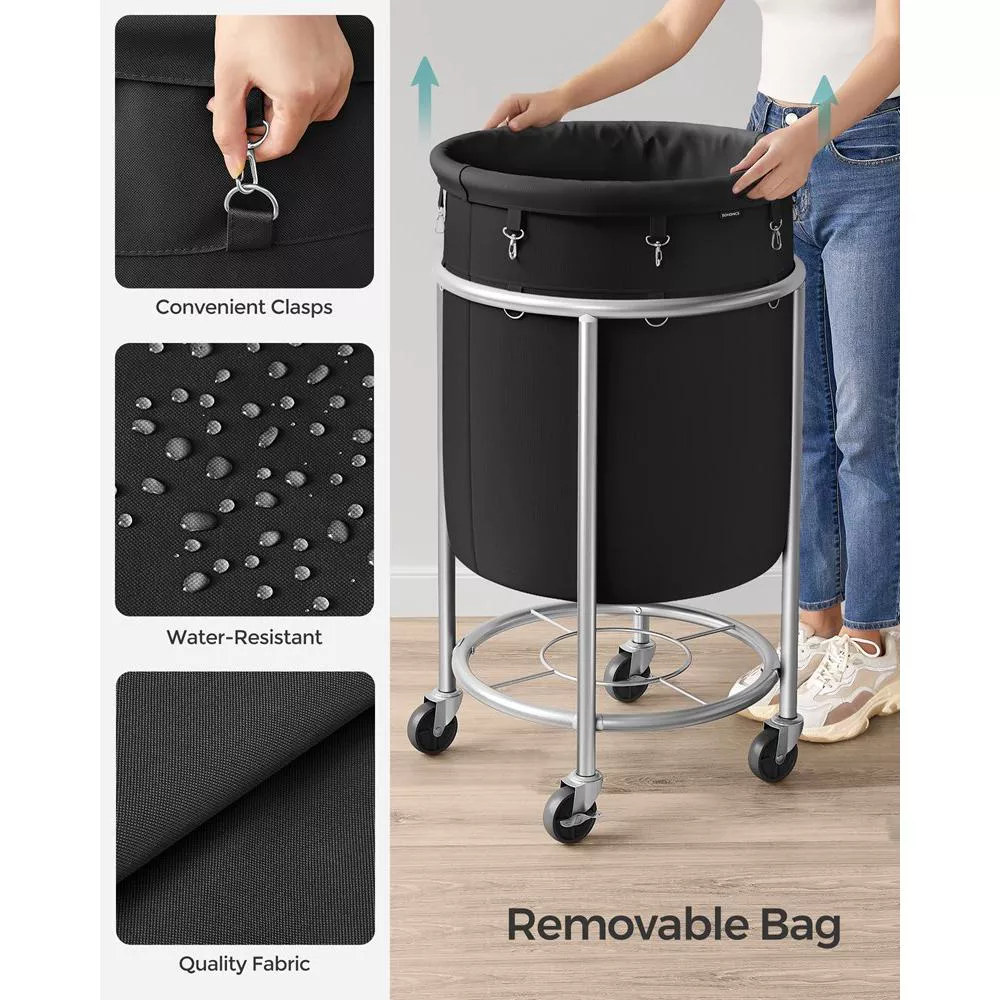 Round Laundry Sorter Hamper with Wheels Rolling Cart Black and Silver - Image 4