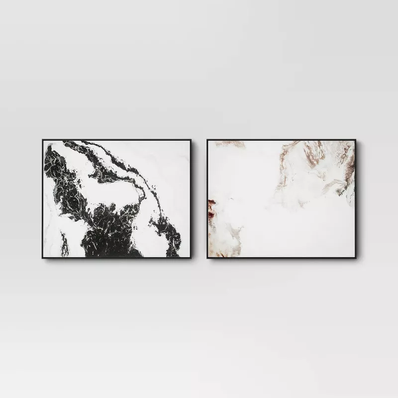 2pk Marble Framed Printed Canvases Black/Tan - Modern Abstract Digital Art, Polystyrene Frame
