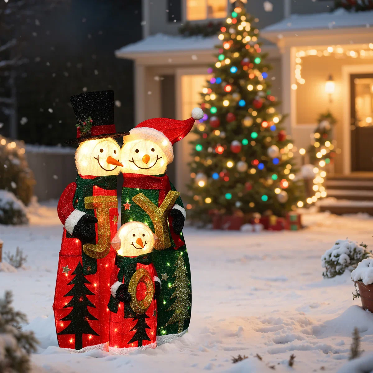 Lighted Snowman Family with JOY Greeting Outdoor Christmas Decoration - Image 3