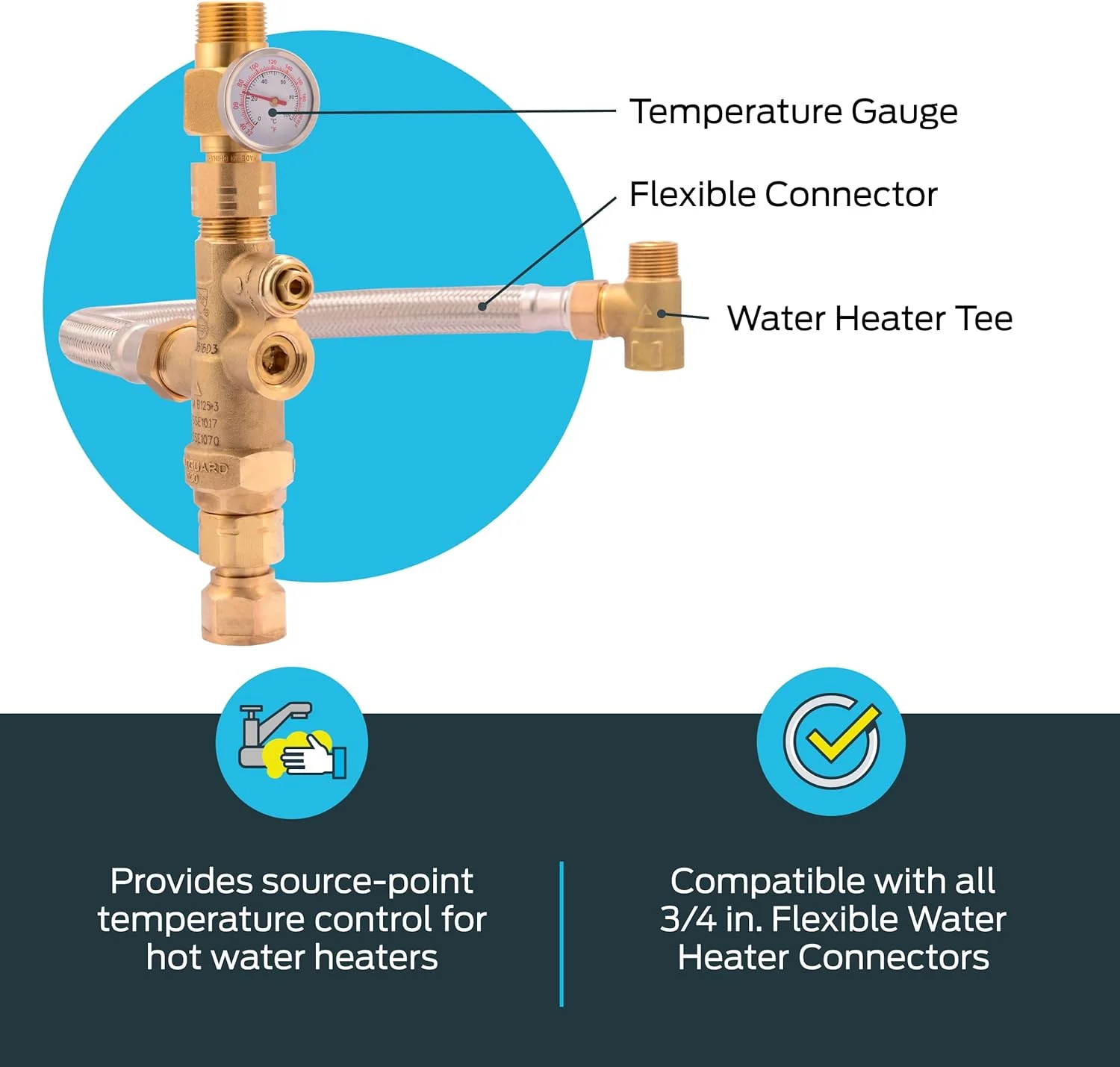 Tank Booster Water Heater with Thermostatic Mixing Valve, Temperature Gauge, Braided Hose - Image 2