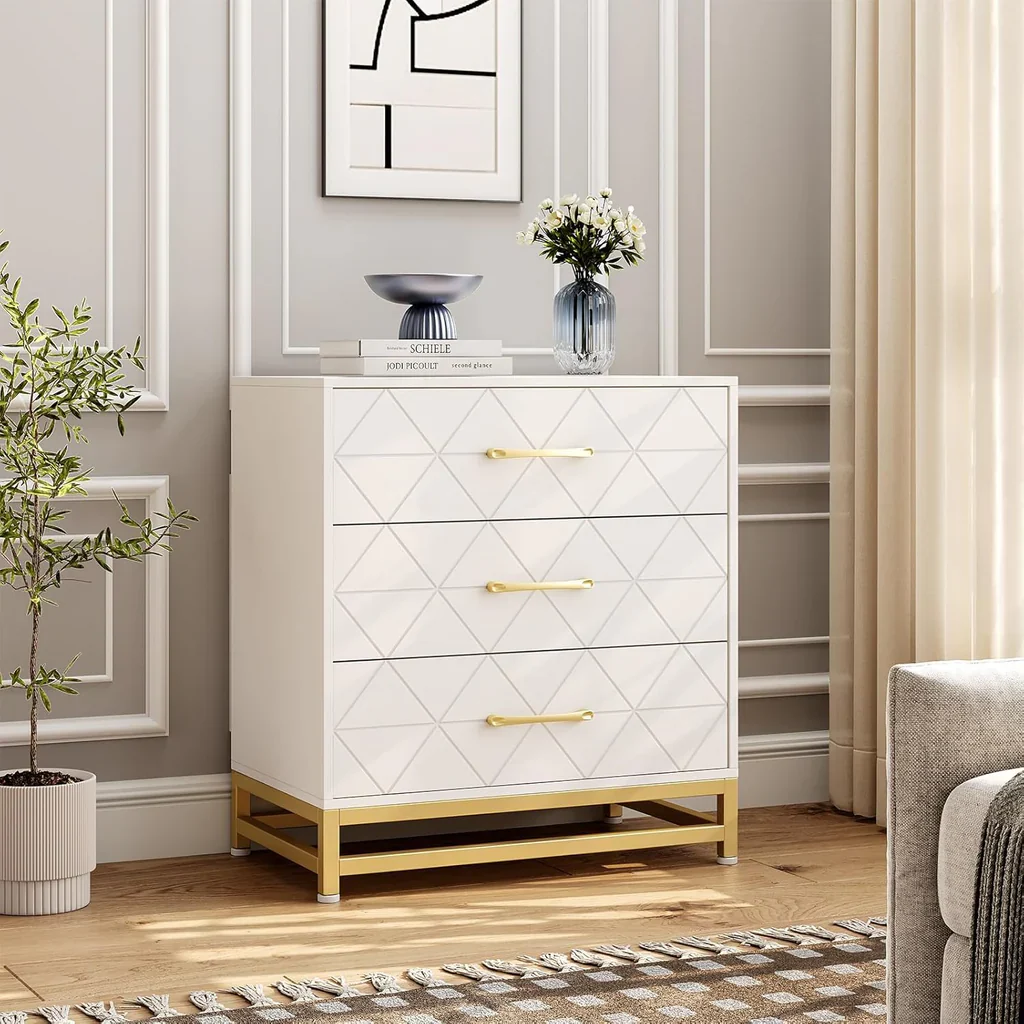 3 Drawer Dresser Wooden Bedside Storage with Gold Handles White - Image 2