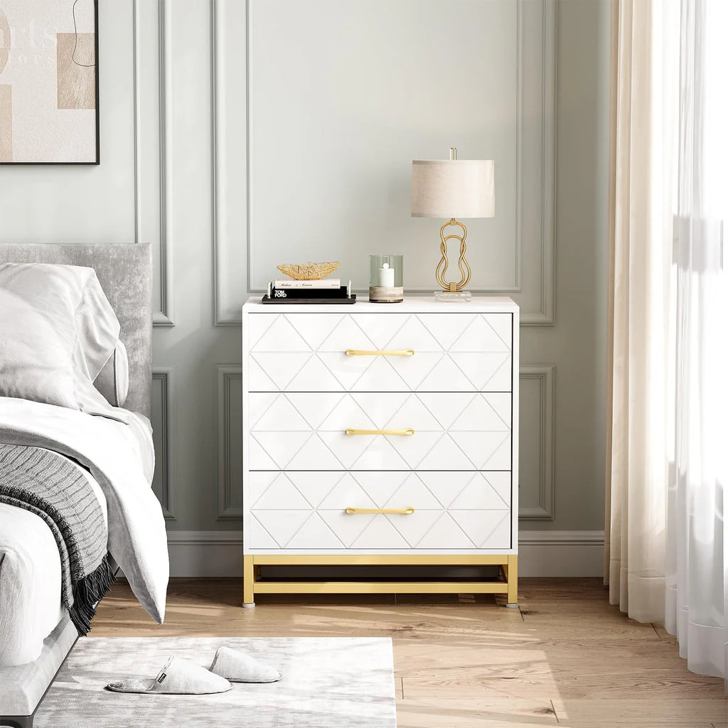 3 Drawer Dresser Wooden Bedside Storage with Gold Handles White - Image 3