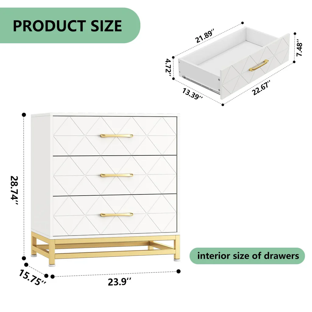 3 Drawer Dresser Wooden Bedside Storage with Gold Handles White - Image 4