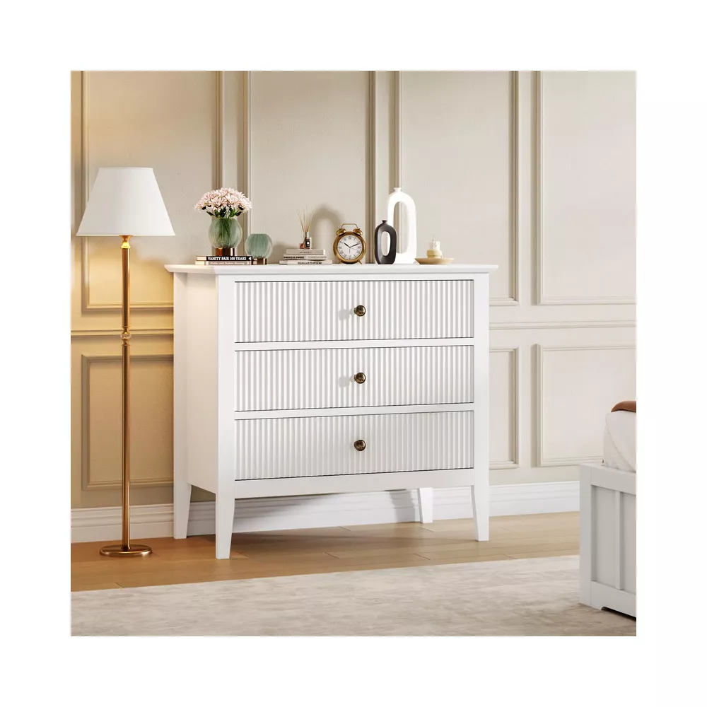 3 Drawer Fluted Dresser, Wide Wood Chest of Drawers with Metal Legs
