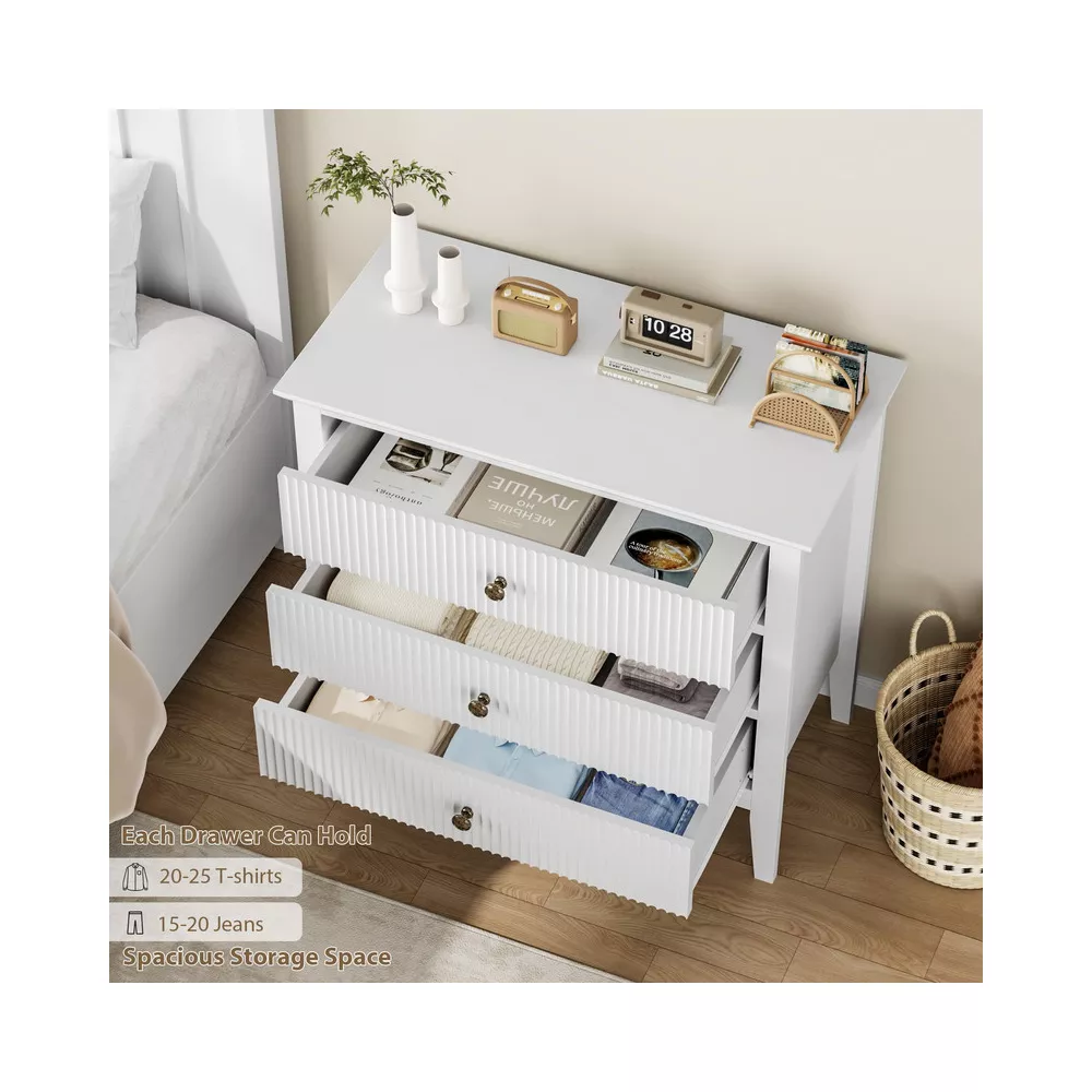 3 Drawer Fluted Dresser, Wide Wood Chest of Drawers with Metal Legs - Image 2