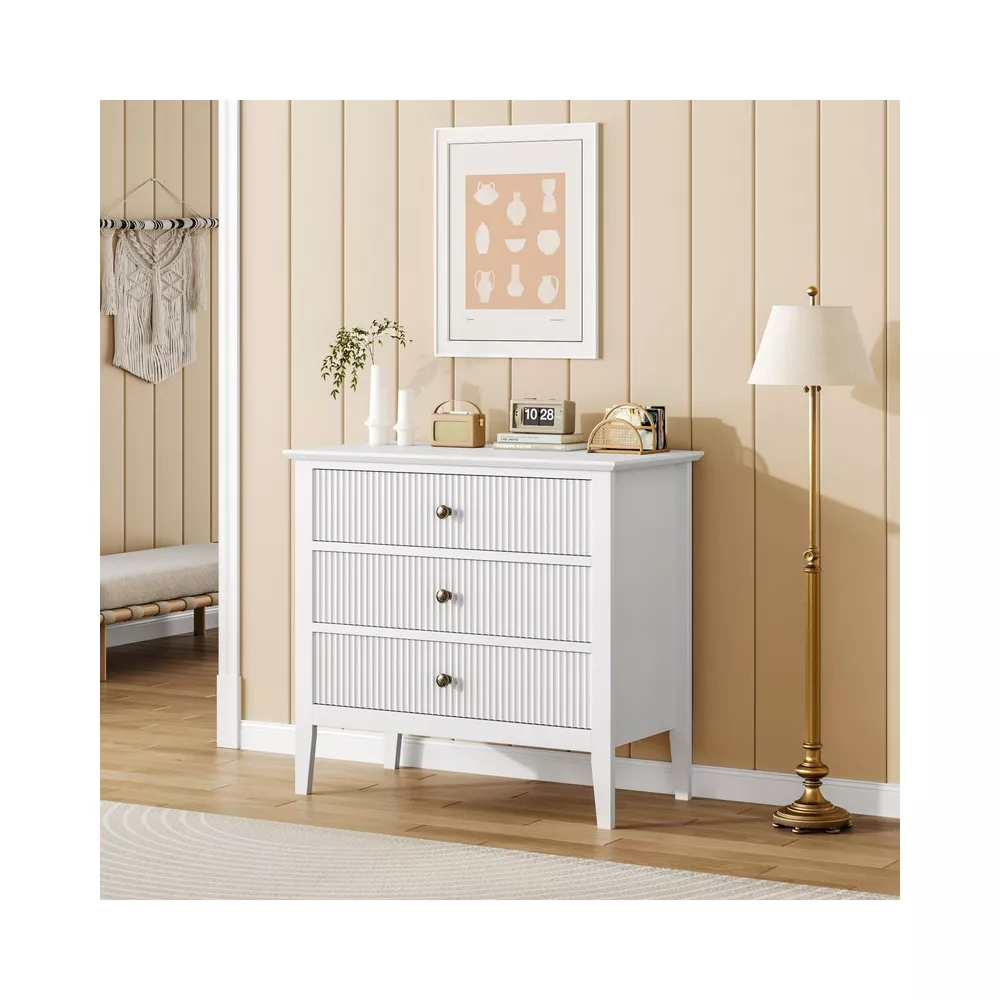 3 Drawer Fluted Dresser, Wide Wood Chest of Drawers with Metal Legs - Image 3