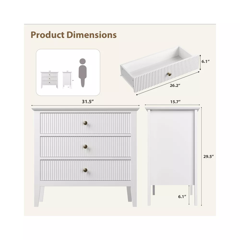 3 Drawer Fluted Dresser, Wide Wood Chest of Drawers with Metal Legs - Image 5