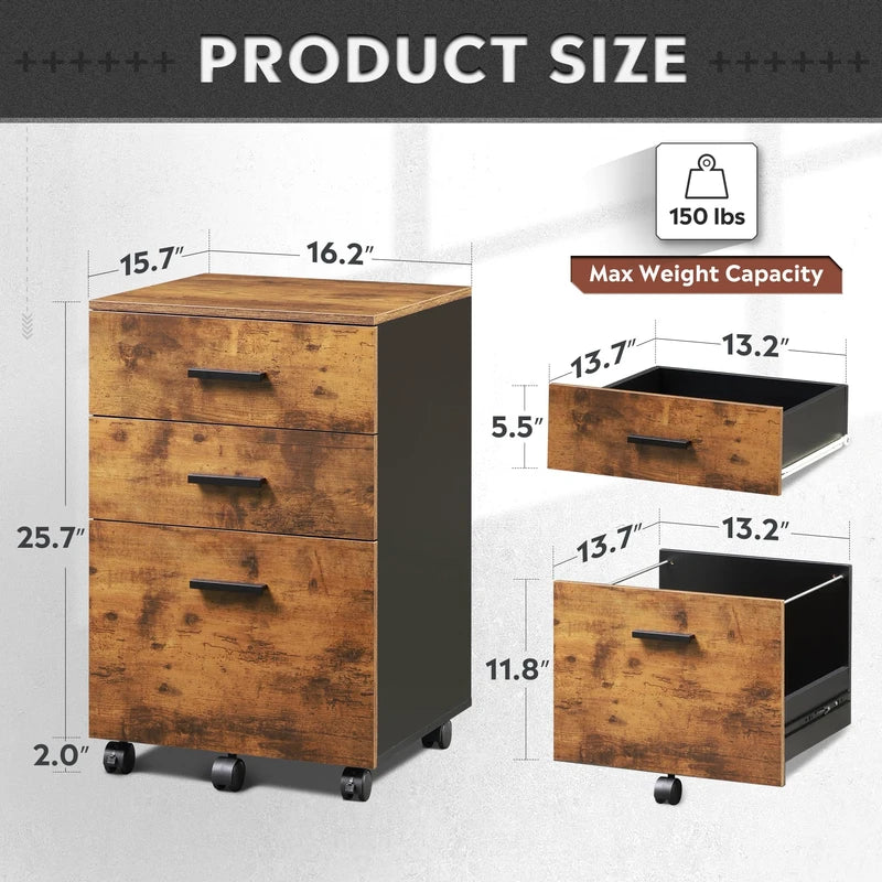 3 Drawer Wood Mobile File Cabinet Rustic Brown - Image 4