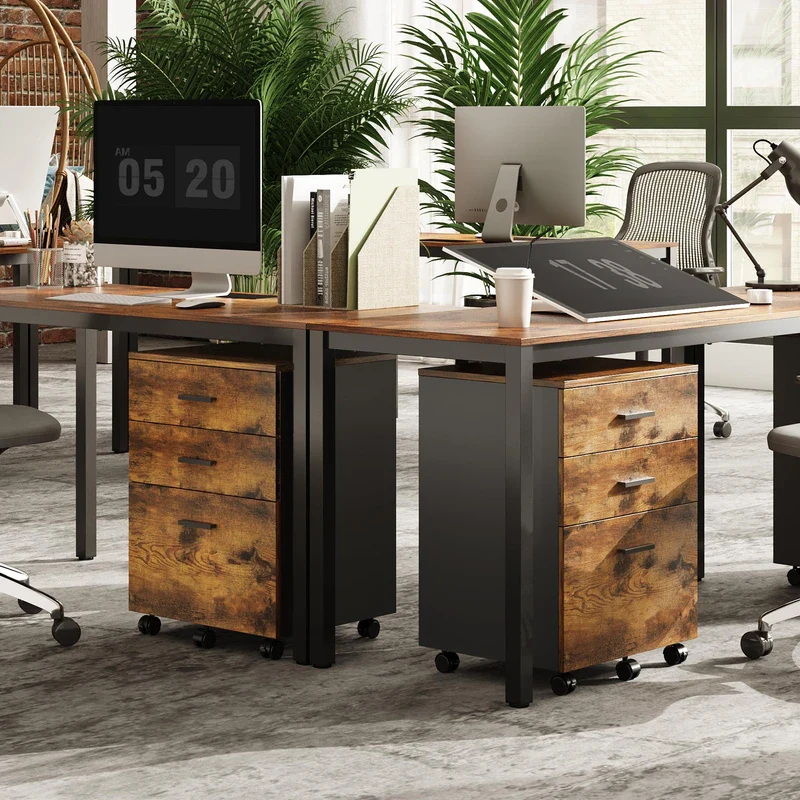 3 Drawer Wood Mobile File Cabinet Rustic Brown - Image 5