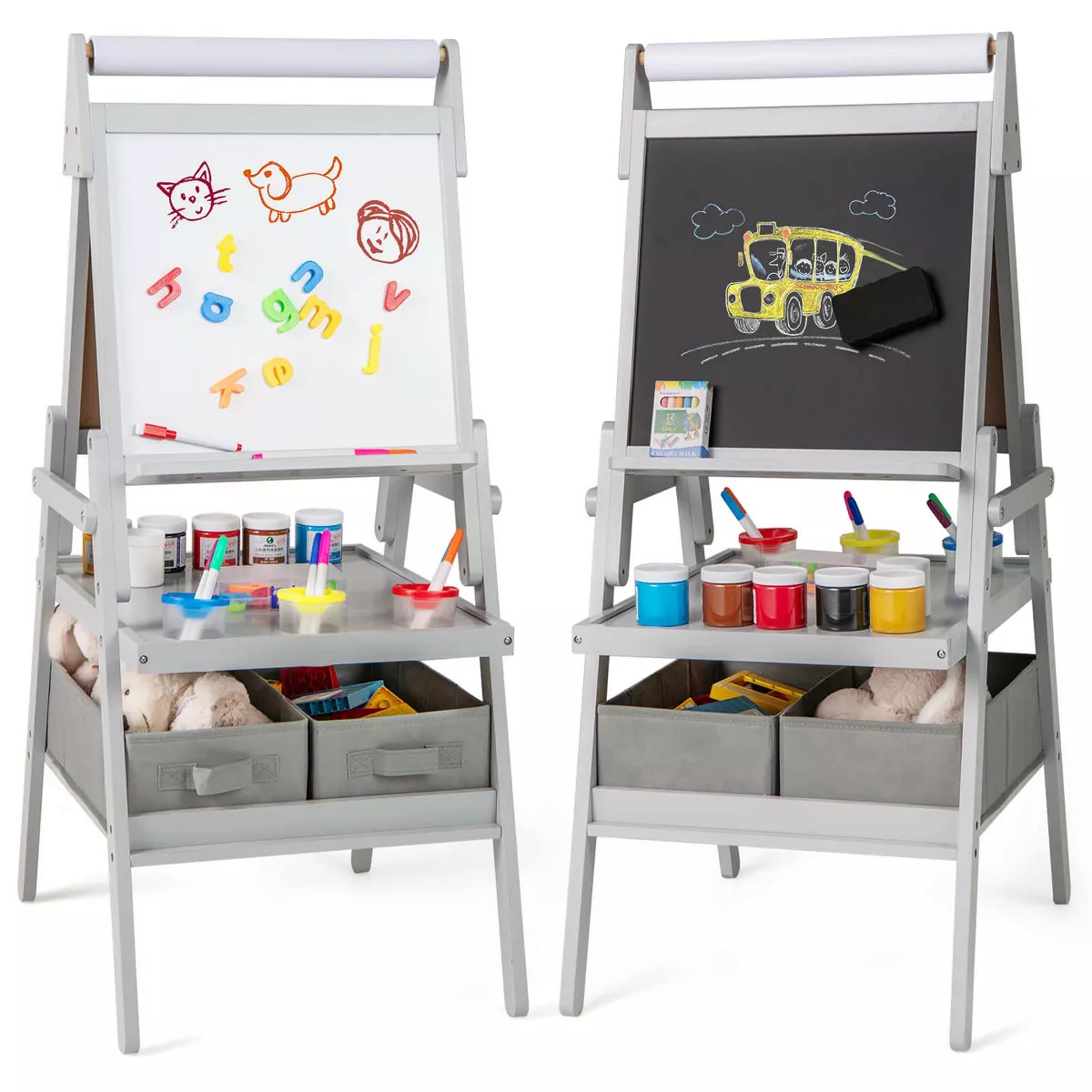 3-in-1 Art Easel for Kids with Magnetic Chalkboard & Whiteboard Paper Roll Gray