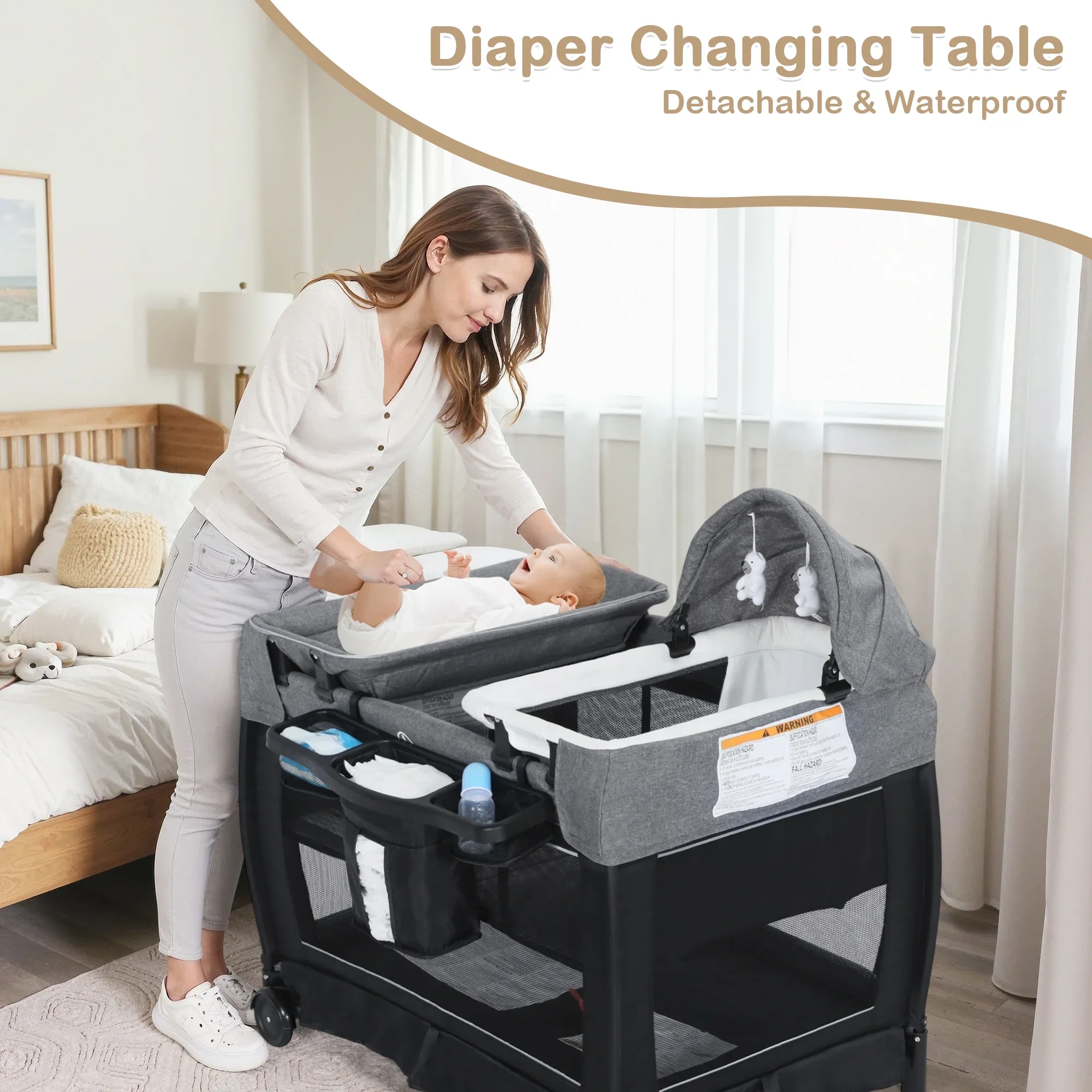 3-in-1 Foldable Baby Playard with Bassinet and Changing Table for Newborn, Black - Image 2