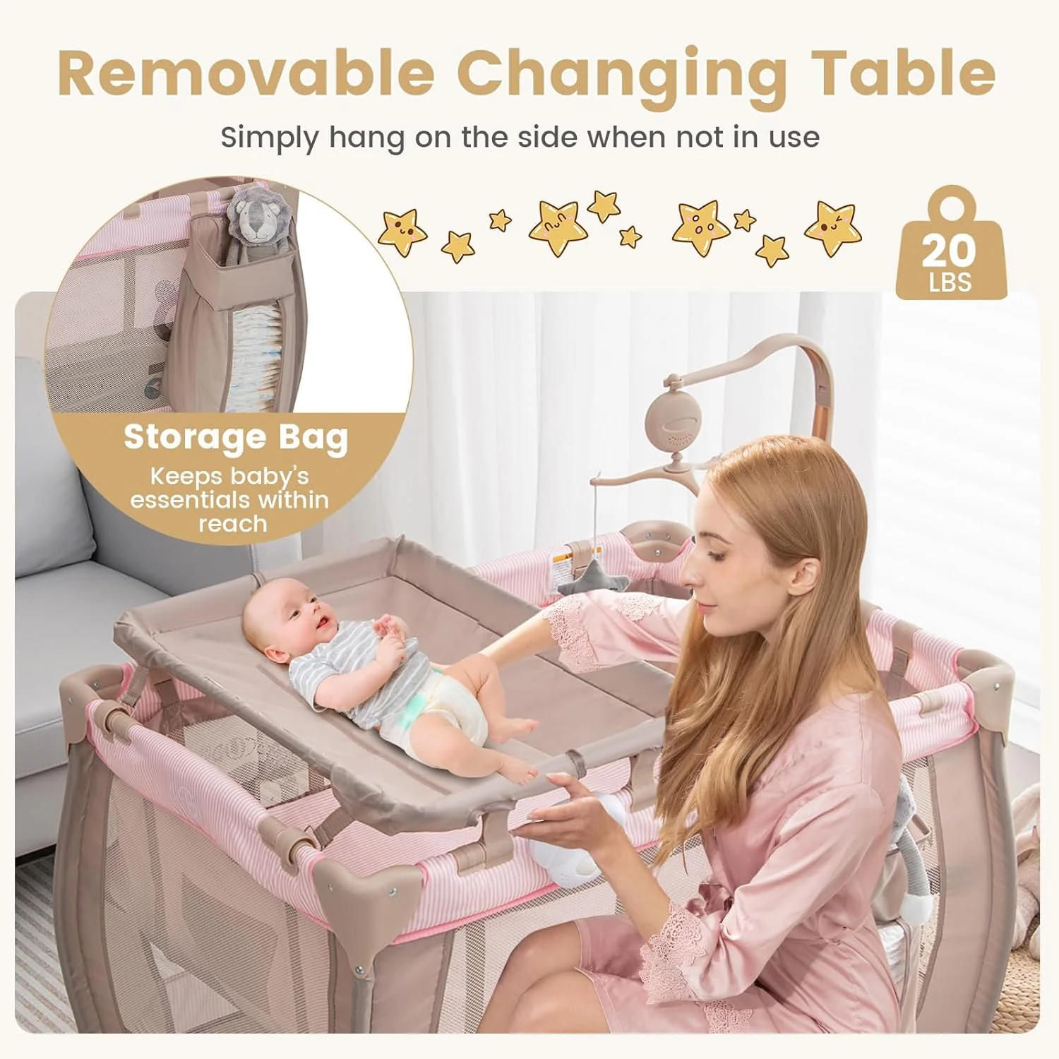 3 in 1 Pink Pack and Play with Bassinet, Portable Baby Playard with Changing Table - Image 2