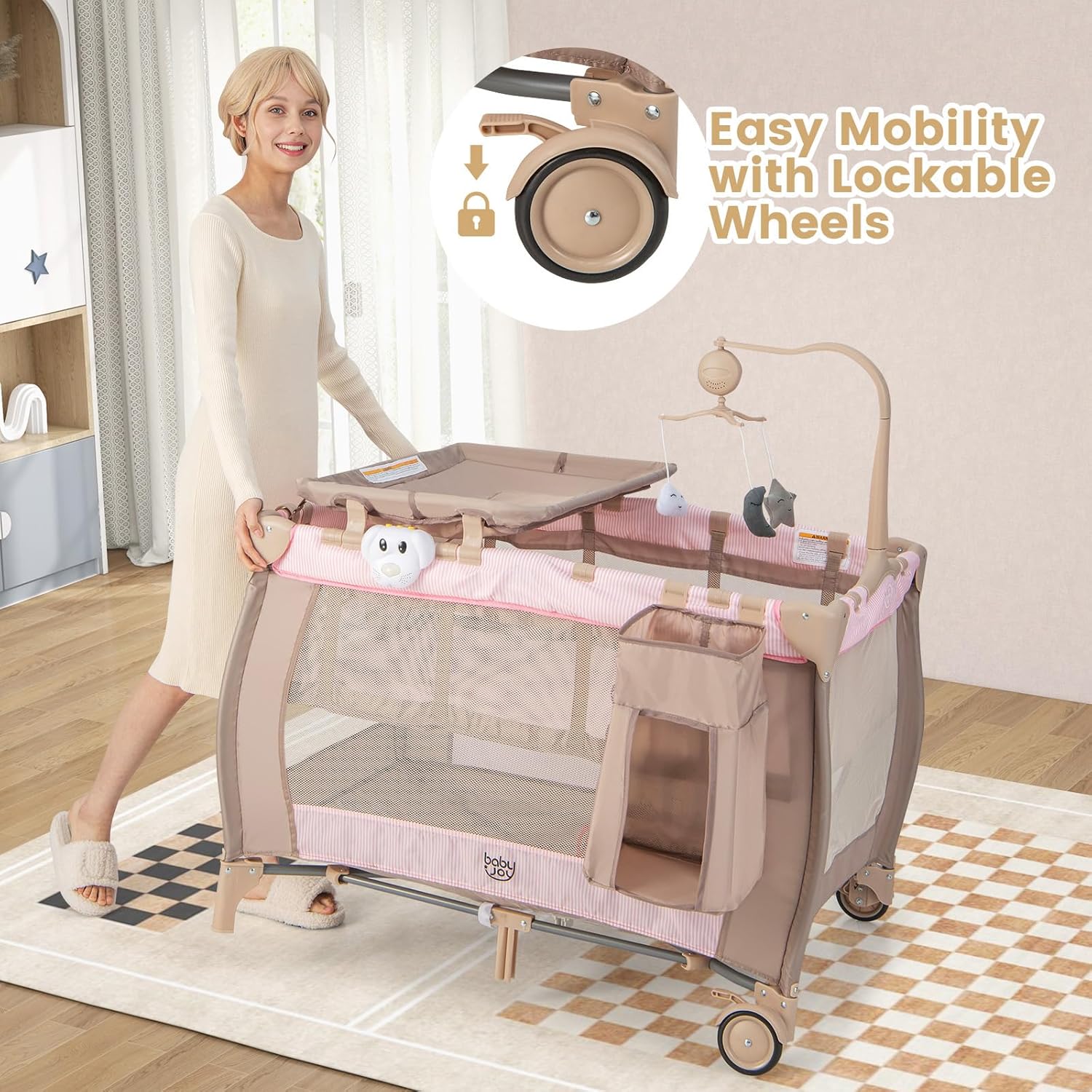 3 in 1 Pink Pack and Play with Bassinet, Portable Baby Playard with Changing Table - Image 3