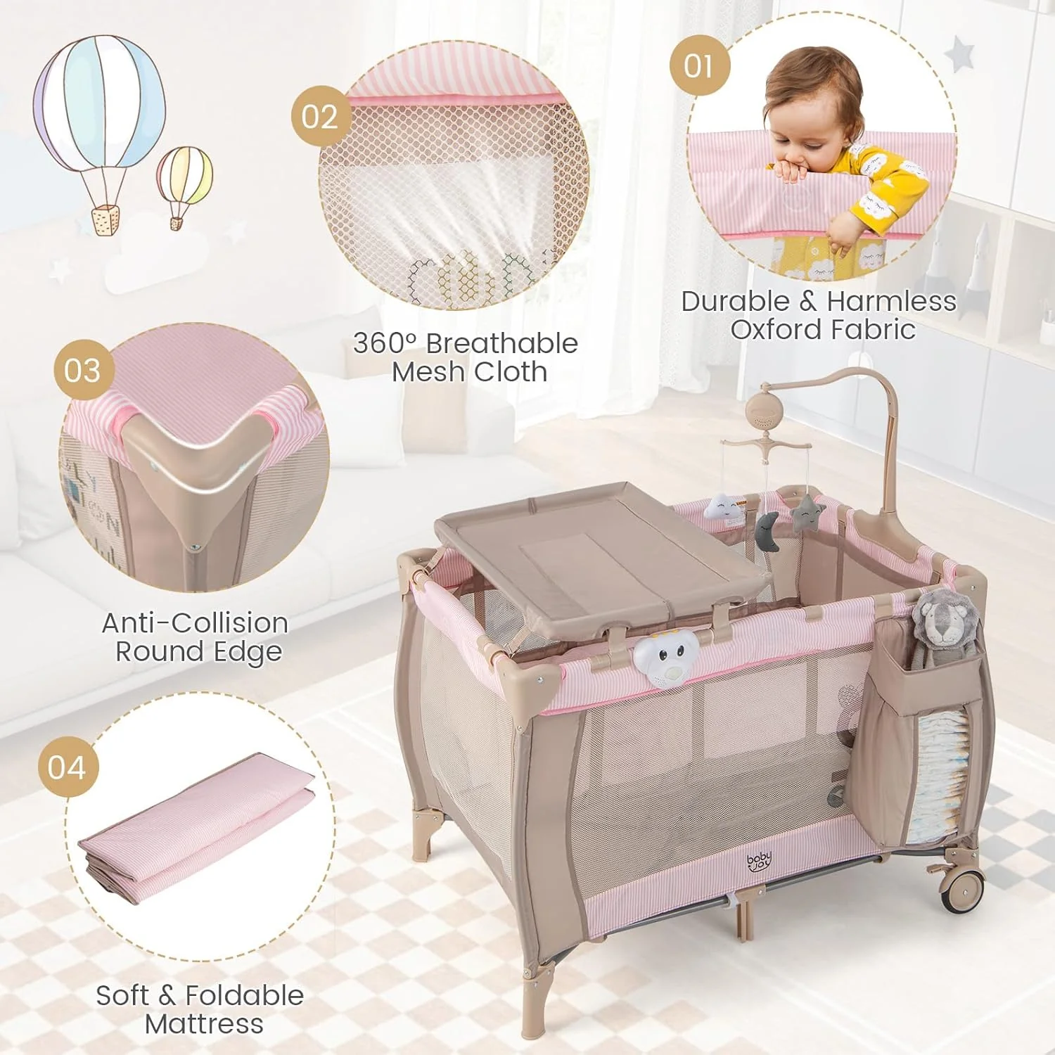 3 in 1 Pink Pack and Play with Bassinet, Portable Baby Playard with Changing Table - Image 4